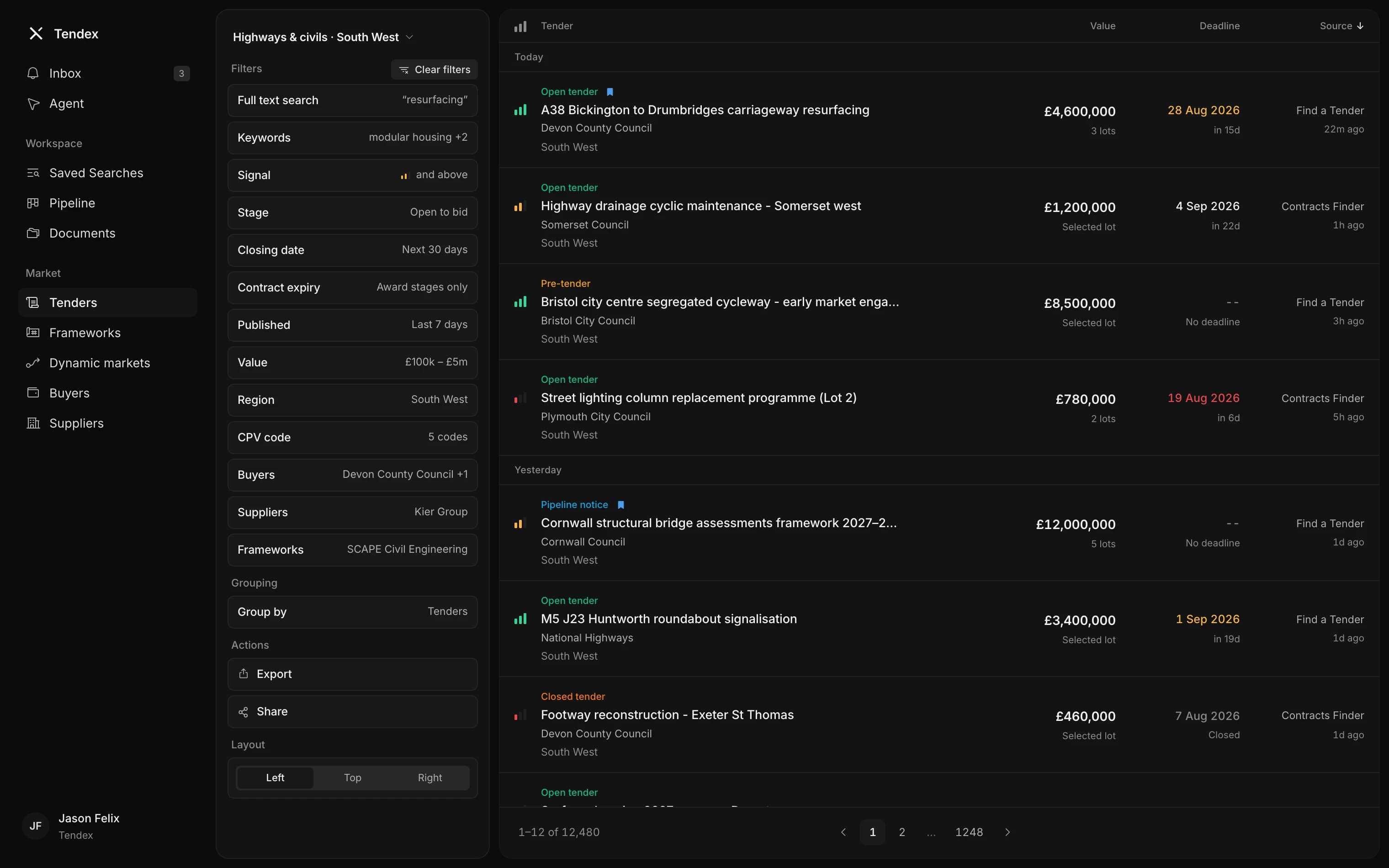 The Tendex tenders workspace: sidebar, saved-search filter rail and the ranked tender feed
